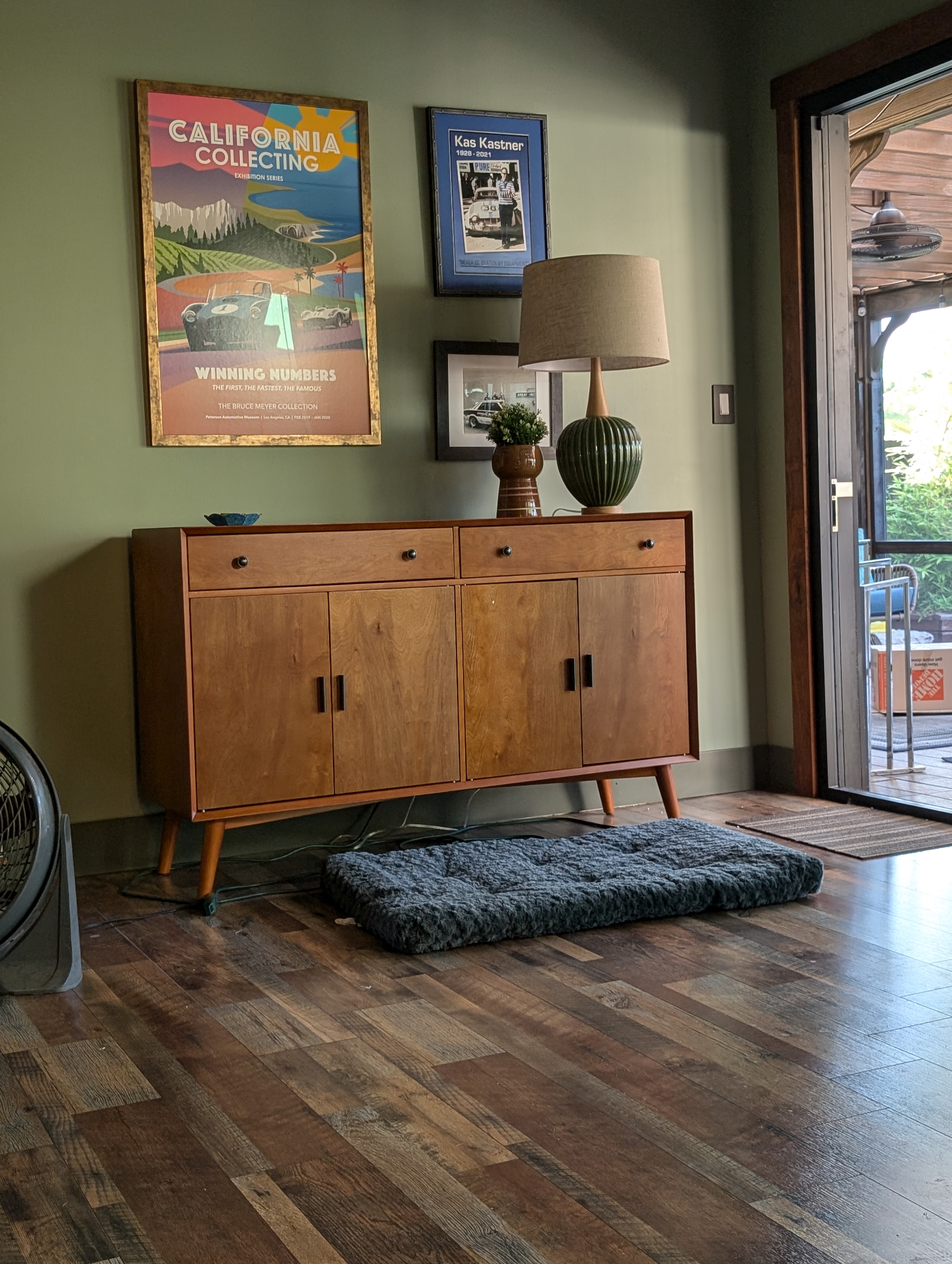 67" Mid-Century Modern Floor Lamp – Brass Standing Lamp With Green Ribbed Glass Shade & Pedal Switch