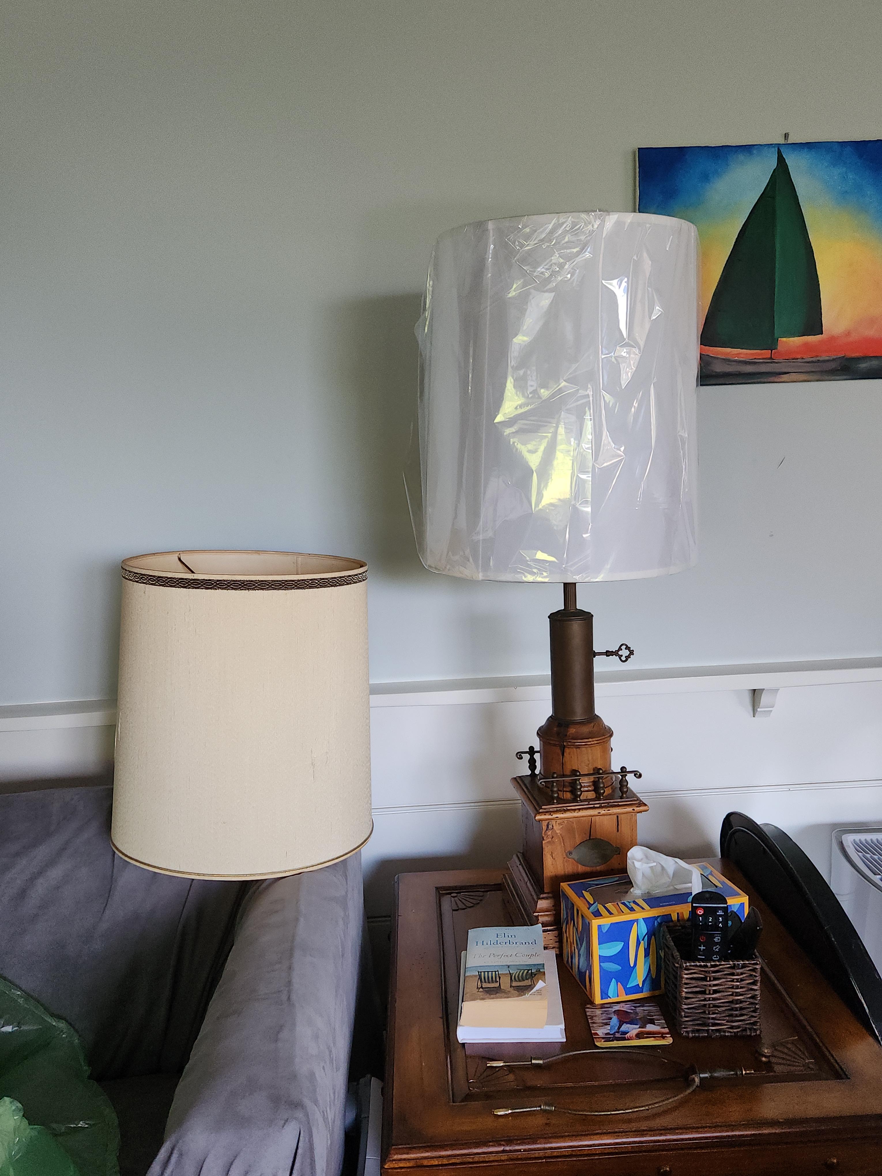 Farmhouse Lamp Shades Set Of 2 - Vintage Barrel Drum Style, 11.8\" Wide X 5\" High, White & Green Tropical Leaf Pattern