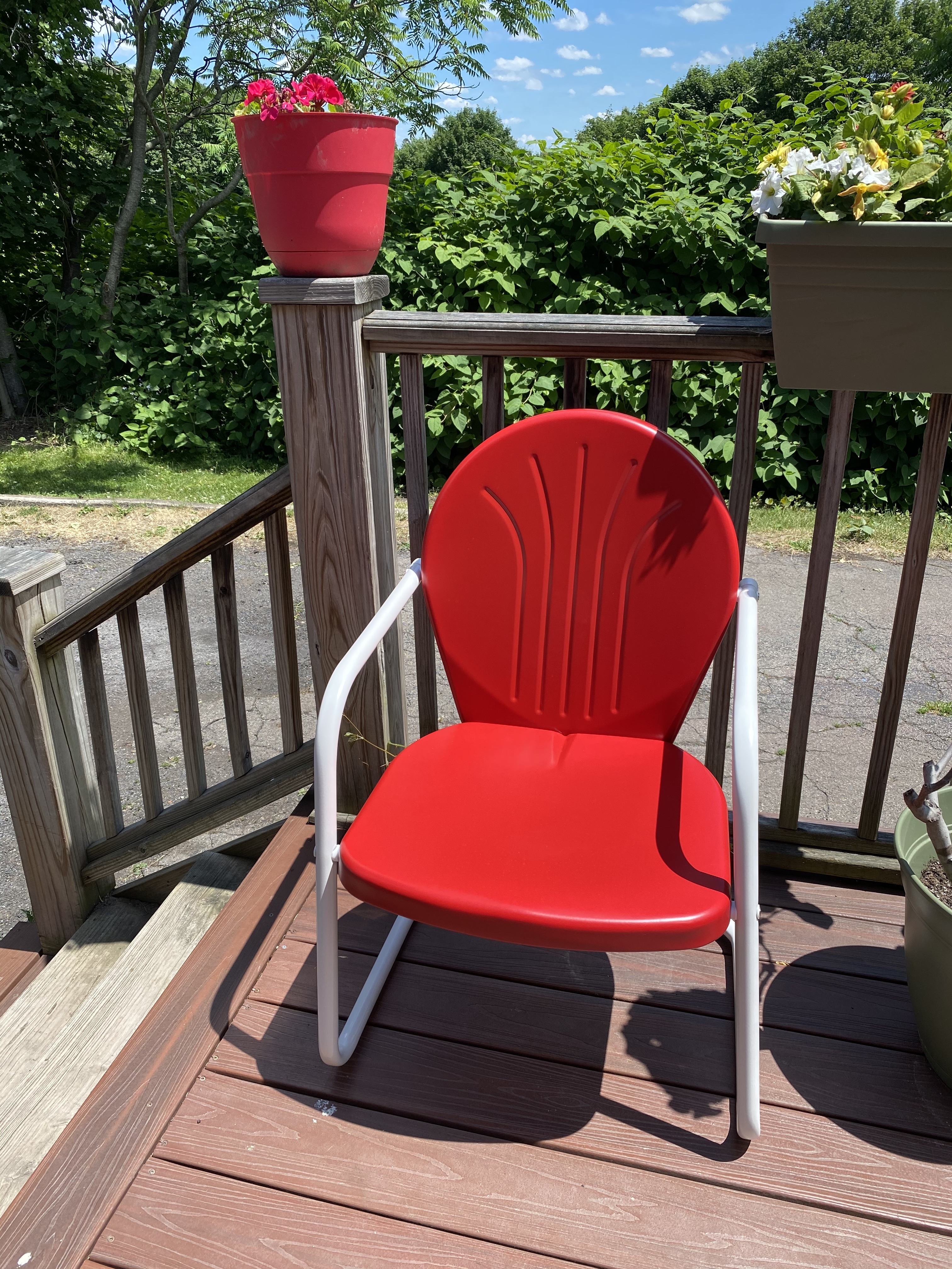 red metal porch chairs
