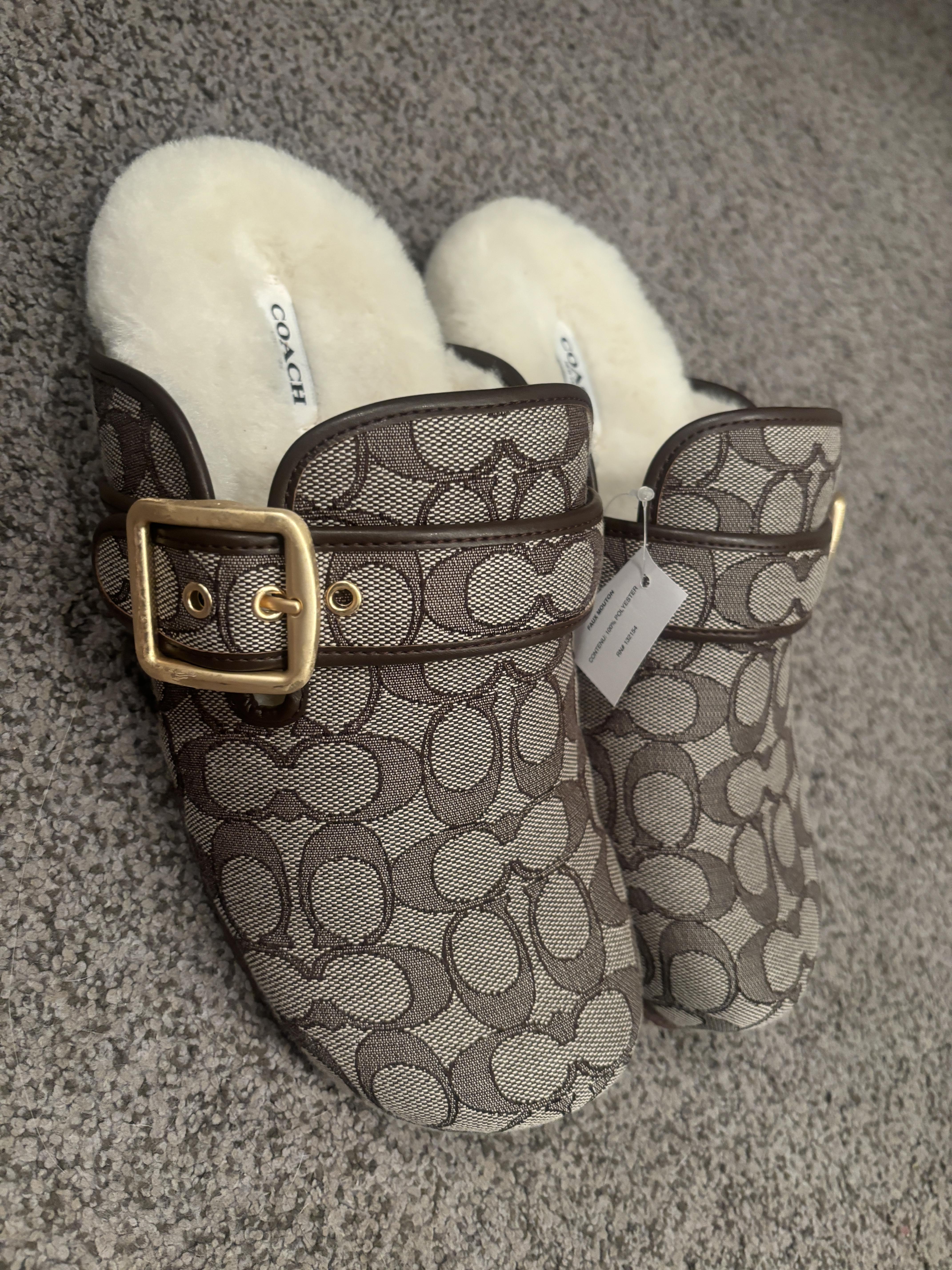 COACH NEW YORK signature jacquard khaki Faux Hair Fur Slip on 8D Amazon.com | Coach Signature Jacquard Clog Taupe 10 D (M  main image 3