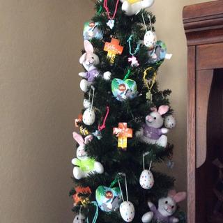 Close up of my Easter tree features cute bunnies and backpack clip-ons
