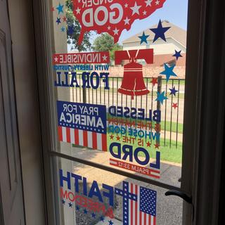 Front door with window clings