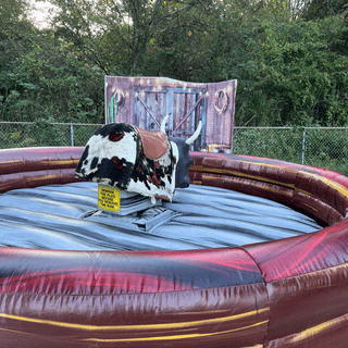 Western backdrop behind the mechanical bull