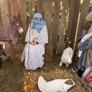 Mary and Joseph with donkey.