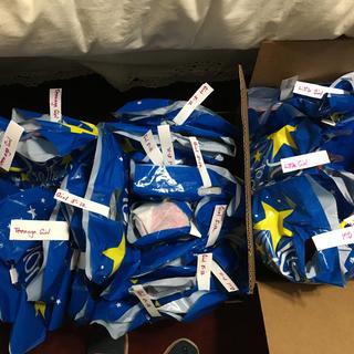 Some of the fifty toy filled labeled bags for Reservation children.