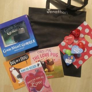 black tote bag with child's name painted on it for their Valentine gifts