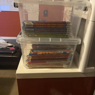 Stacked and ready to go to the new classroom. .