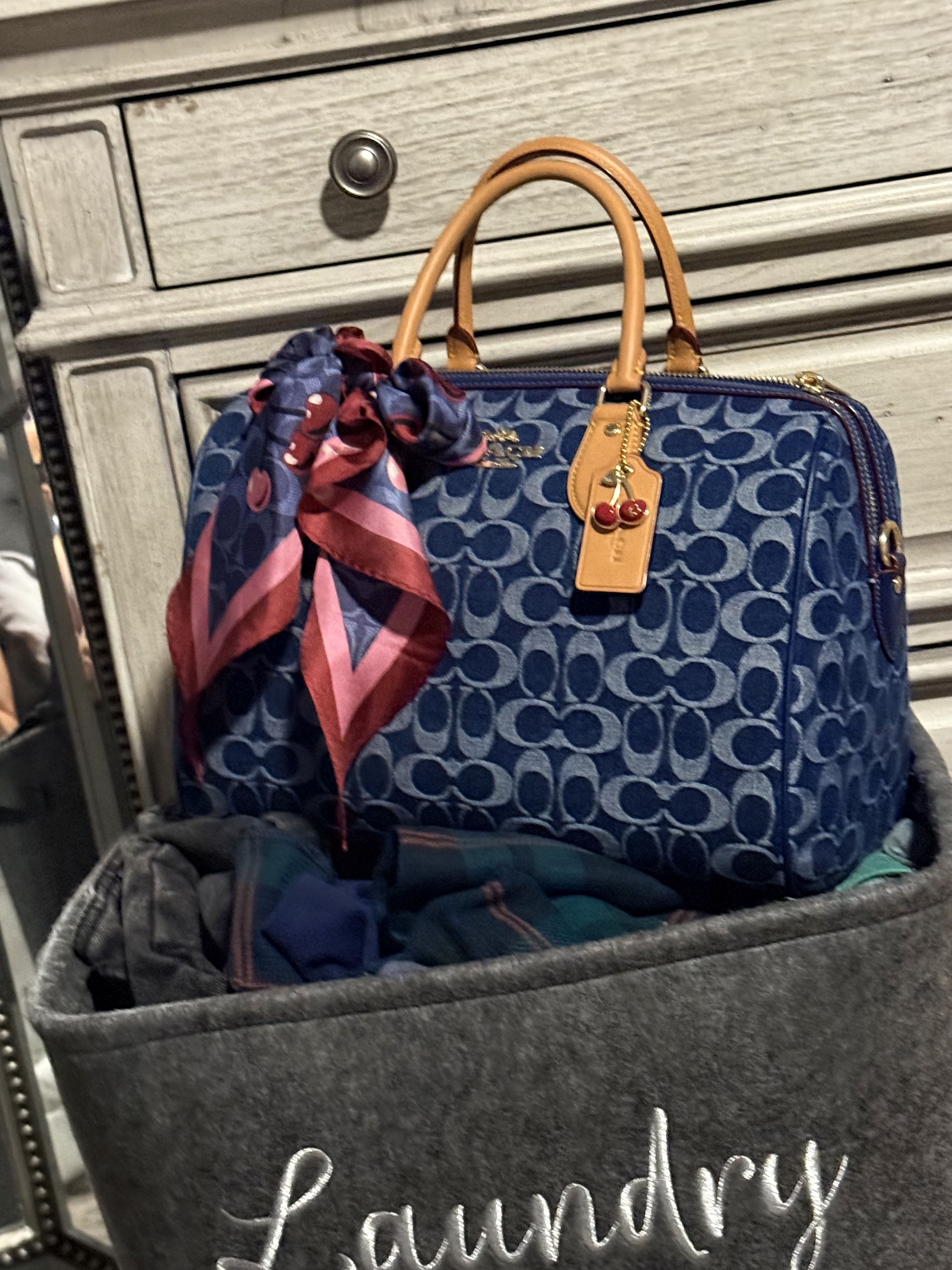 バッグ Cherry-Pattern Scarf& Tote Set ファミリア風 緑チェック ネイビー タータンチェック 紙袋型