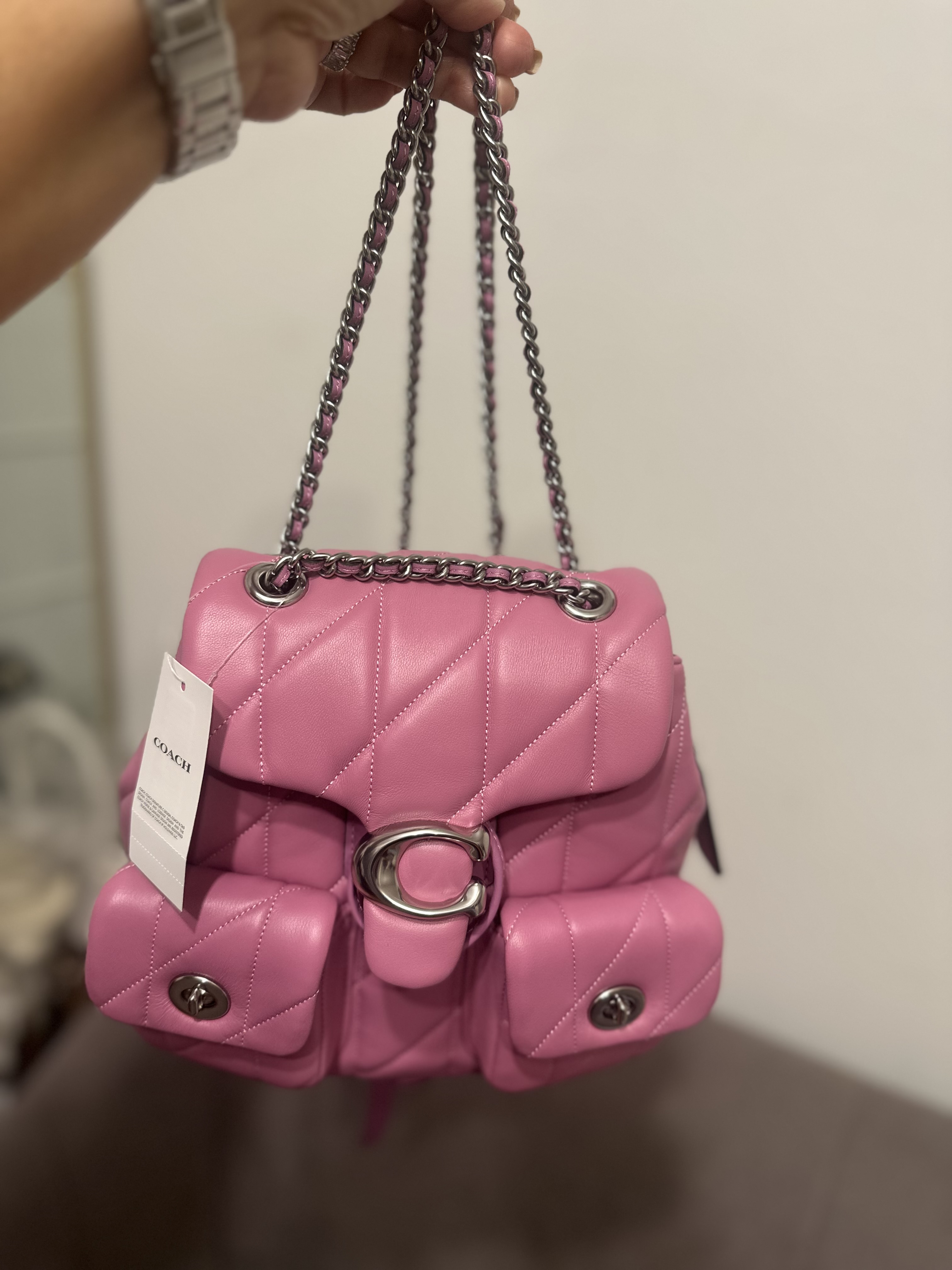 coach backpack women pink Dempsey True Signature Jacquard Canvas Logo Patch Women's B Our petite 16 backpack is a unique hybrid which easily converts to a top handle tote or shoulder bag Custom Pink Vintage Coach Mini