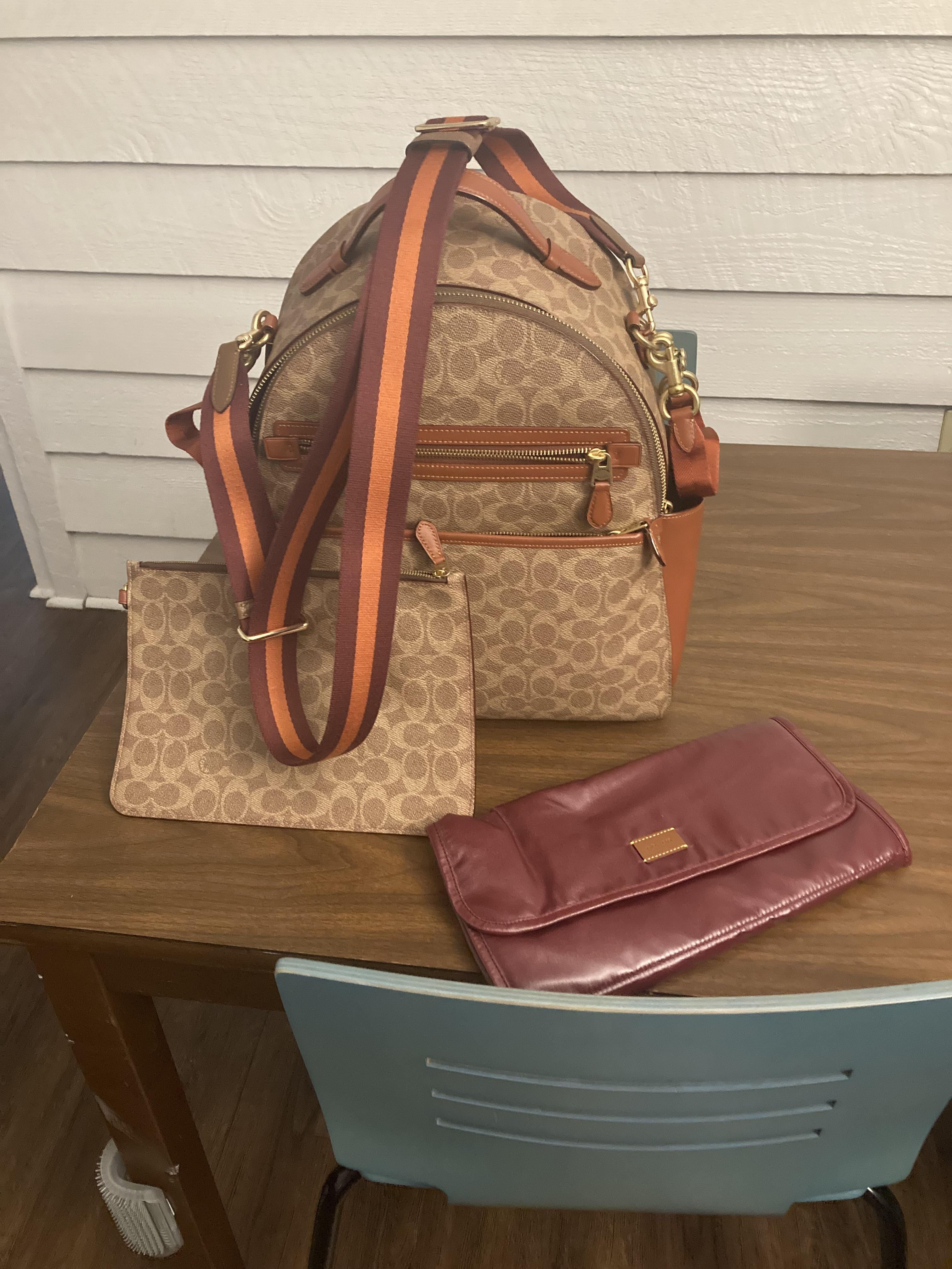 coach backpack orange Signature coated canvas and refined pebble leather Inside zip and multifunction pockets Double zip closure fabric lining Handle with 1 1/2 drop Outside zip and open pockets Adjustable shoulder straps 8 (L) x 9 (H) x 3 1/2 (W) Style No. Coach Terrain Coach Orange Backpack