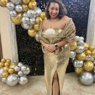 slim fit dress slacks Gold Sequin A-Line Gown with Long Sheer Sleeves & V-Neckline – main image 1