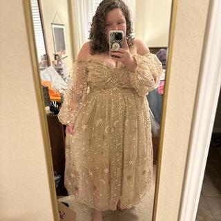 Ruched Sequin Dress - Full Skirt Off Shoulder, Gold On Cream | ELOQUII Ruched Sequin Dress - Full Skirt Off Shoulder, Gold On Cream | ELOQUII