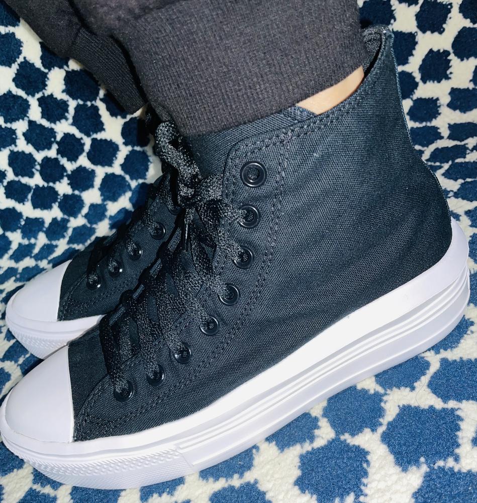 The Custom Chuck Taylor All Star Move Platform By You are super lightweight unlike the traditional Converse which tend to be heavy. The lightweight of the shoes took me by surprise. They are very comfortable on the feet. They have little height to them which isn’t really my style so idk how much I will be utilizing them for day to day basis. I just got the all back and I wish the bottom was changed to a different color also. Other than that each and every detail can be customized to make it a one a kind.