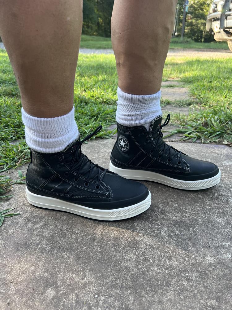 I love the overall look of these shoes. Very well made, with quality materials. I love the black leather. They go well with a more dressed up occasion and also look great with the most casual outfit. I love the thick soles. The soles have a good grip. I had no sliding or slipping issues when wearing. The black and white colors contrast well together. Over all, it is a fantastic looking shoe for guys or gals. I personally felt that they were a bit narrow, but with wear the fit has loosened a bit. I’m not overly fond of the top two metal eyes for the laces, I’d personally just preferred the fast hooks or standard holes like the rest of the shoe has. The top two metal eyes look great and seem sturdy, but just seem slower in loosening laces etc when putting on and removing. I also wish the tongue of the shoe was a bit wider. All in all it’s a fantastic shoe. I would recommend for guys or gals.
