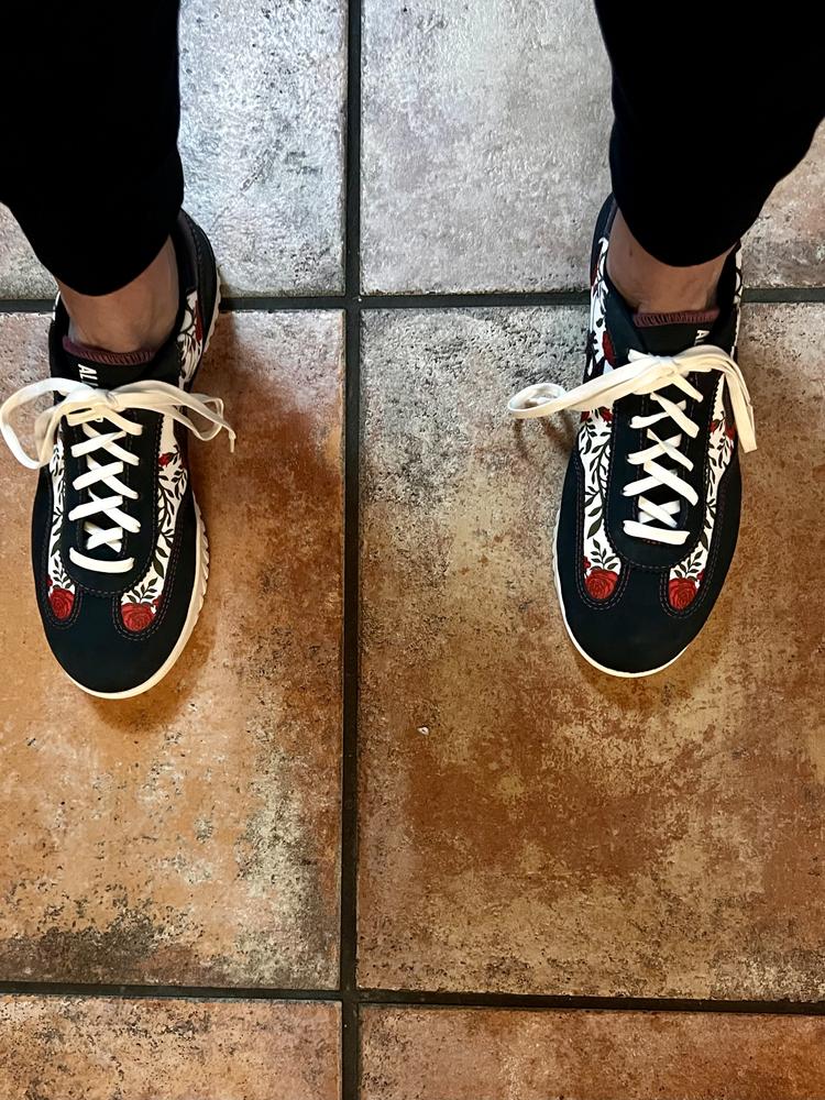 Absolutely love my unique, one of a kind, Custom Run Star Trainers!  
First…and the most important issue: the fit! Excellent!  
Best fitting and only athletic shoe I’ve tried that works for me besides my go to brand. I have slightly narrow size 10 feet. The fit of these is supportive and so comfortable. The arch support is really good. 
I love the design options (it was hard to decide which combination I liked best!). So many great choices, but I love the red rose canvas with the black suede trim, and having my initials sewn is so cool. I get so many compliments on them! I’ve been wearing them as a fashion statement, but they are great for walking and exercising as well. It’s great they can be dual purpose!  
There are a few things I’d change. One is to make it so the laces can be fed through the tongue to keep it in place; more an issue when walking/jogging, but the tongue definitely doesn’t stay put! Also, the laces are very long! I think I’m going to replace them with shorter laces;