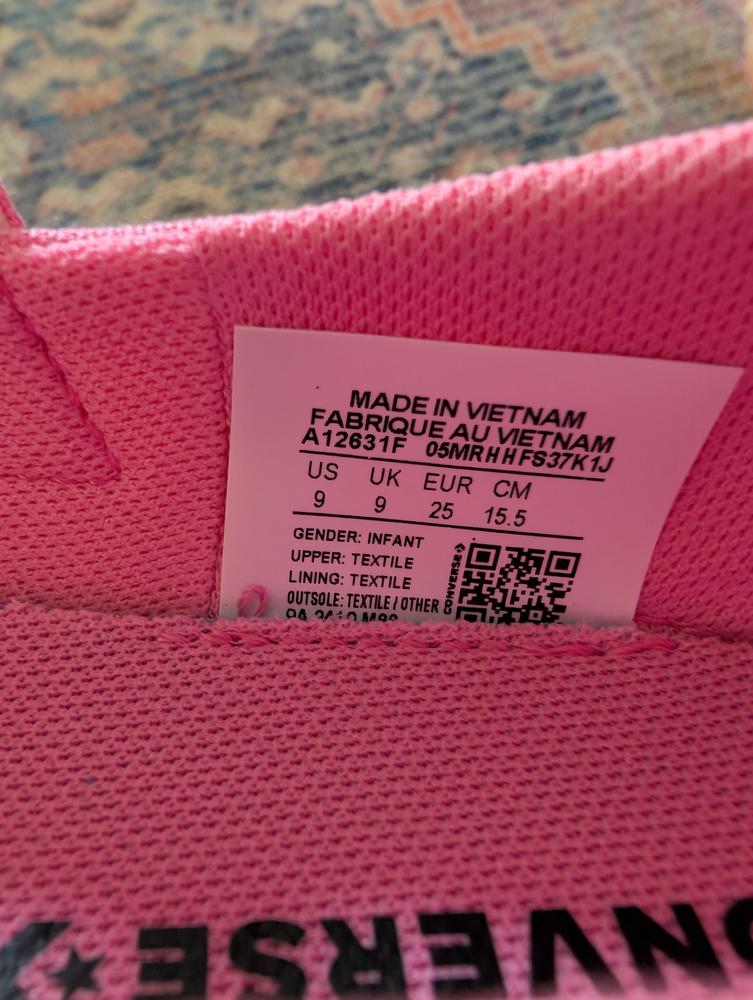 I was super excited about these cute dainty Mary Jane shoes. My daughter wears size 9 US/ 8 UK. We just moved up from 8.5's last week since she started showing signs of needing to size up. I love the color, the pink is fun and bright. The toe box is roomy for these growing toes and the shoes are lightweight and flexible. Not my first converse but it is the first one I got for my daughter. Unfortunately they run big in toddler sizes too. I thought it would just be 1/2 but it looks more like a full size up. The shoe shows US 9/UK 9, so I would really take that as US 10 instead. Might be another 6-12 months before she moves up to fit these and I imagine she will love them since she loves putting shoes on. I would recommend buying and sizing in person if possible since they run large and roomy.