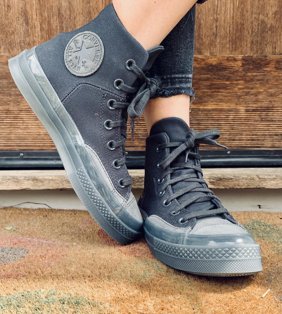 The design of this shoes was super sleek. I loved the gold “Chuck Taylor” on the side. I loved the dyed leather on the front of the shoe. The plastic guard on the shoe gave the illusion of it being a platform shoe without the discomfort or height. The shoe itself is pretty comfortable— the sole molds to your foot after a while. The high tops are definitely something I am not used to, so the inflexibility around my ankle is something I needed to get used to, but did after a while. I actually ended up unloosing the first few loops at the top of the shoe for a while when I wore these all day. I’d love to try these in a different color!