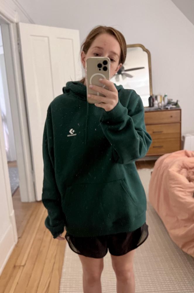 What I loved about this hoodie is that its fit is gender neutral. I'd usually wear a small if I'm looking for something to be fitted, but a medium in this hoodie is perfect, so it's a bit baggy and cozy. It reminded me of the sweatshirts I steal from my husband's closet when the A/C is too high or when it cools down outside on a summer night. I also loved the dark green color and the fabric, inside and out, is incredibly soft. 

The only issue I had was that the neck felt like it came up higher than other hoodies I own. I noticed the hood is a bit larger and heavier, so maybe it's pulling the neck back.