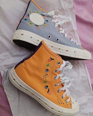 This is the 4th pair of Converse I have custom designed and I love them . I have learned after  purchasing so many "pre made" pair pair (that I am too embarrassed to disclose the #) ...a lot of models Do fit me better when I size down as suggested and this was one of them . I am normally an 8.5 but for these I bought size 8 and I am glad I did . Keep in mind with customs that Converse  changes the colors and patterns to choose from often, so if you see certain bright colors or  specific designs (these have fruit) ,  take the plunge as chances are good they will not be available in a couple months. How cool is it when so many people say "I love your shoes" and you get to reply "Thank You, I custom designed them through Converse"