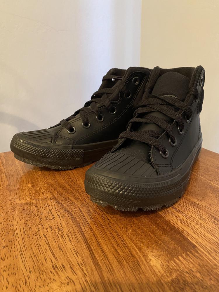 I got the Chuck Taylor All Star Berkshire Boot in all black. They are a youth size 1 for my son. The sizing of the shoe ran about one size larger than the usual fit. The shoes are stylish and we really loved the look of the all black design. The shoes are very high quality and super durable. It is hard to say right now, but it seems like they will last a very long time. The lining of the shoe was soft and warm, great for colder weather for little ones. Along with the quality design came high comfort as well. Our son could wear them all day long. Overall they are great shoes, and there isn't anything I can think of changing to improve them.