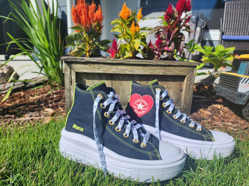 I want to start off by stating their website was very easy to understand and use to create my favorite shoes ever! I chose my design by what I wear and what means most to me. Hence the black with neon green stitching, and the mama text added, with the heart logo. Of course had to add the xoxo laces as well. I must say my only complaint that could possibly come from these was the fact that the tongue would not stay in place, I wore these for 8+hours a day for about a week long and although they were super comfy and I loved everything else. The tongue issue did get a little frustrating, moving side to side and having to fix it every so often. I'm not sure it's maybe a little place to put the last lace into would help or not but either way I'd definitely get these again and again. The comfort and the little bit of height these gave me were wonderful. Can definitely wear all day as long as you don't mind the tongue moving around.