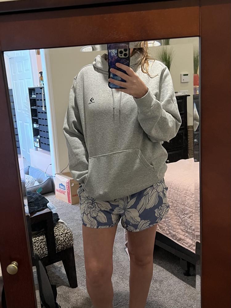 Hoodies are my go-to lounge wear, so trust me when I say this hoodie is 5-star! It is a great weight, thick enough to keep you warm but doesn’t feel heavy. The inside is really soft. My favorite thing is the fit. I’m a tall girl (5’9”) so it’s really hard to find hoodies the are long enough but don’t feel like they would fit three of me. This one is perfect; long in the arms but not bulky in the torso. Probably because of the unisex fit - on my husband it is more like an athletic fit, and on me it is perfectly oversized. We will be fighting over this one for sure!