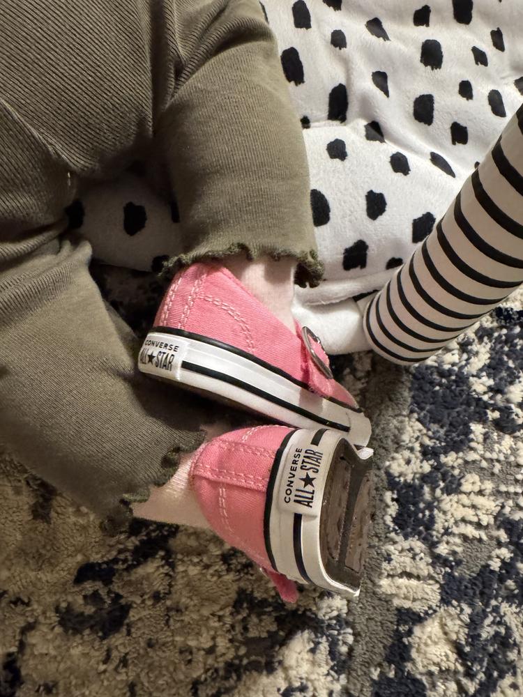 I am so in love with these shoes! They feel of such high quality. They are so sturdy feeling and durable. They actually stay on my daughter’s feet and best of all is that they are very easy to put on. 
The design is perfect for baby to toddler age. The single Velcro strap and large opening make them very functional and easy to take off and put on. They stay on thanks to the large toe box too. 
The fabric is of same great quality like you would expect from this wonderful brand. I couldn’t be more pleased. What I loved best is the vibrant canvas fabric and easy to clean rubber sole and toe box. They are so cute and easy to put on my almost 6 month old daughter. If I could change anything it would be to have them be more flexible but I say this with a grain of salt since the heaviness of the shoe is also what make them feel so sturdy and quality. Would definitely recommend!